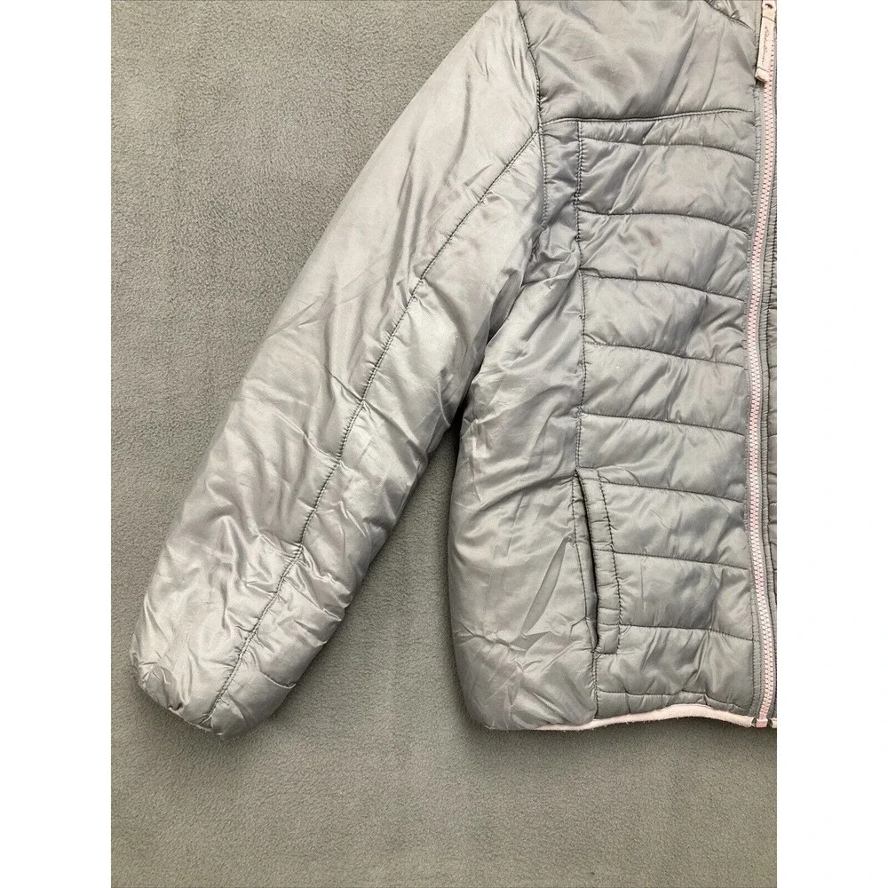 Eddie Bower Puffer Jacket Girls L 14/16 Grey Pink Zip Hooded Warm